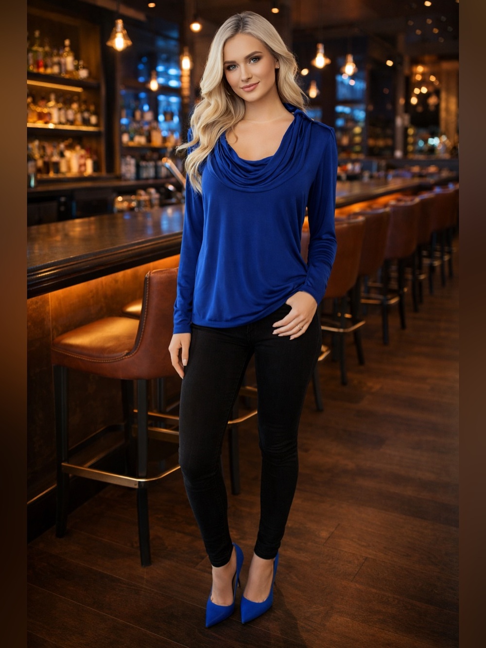 MICHAEL KORS Romantic Cobalt Blue Plunging Drape Neck L/S Jersey Blouse M NWT
